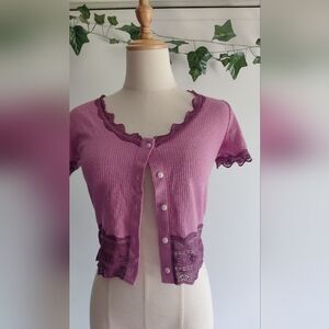 Purple Lace Trim Cropped Cardigan